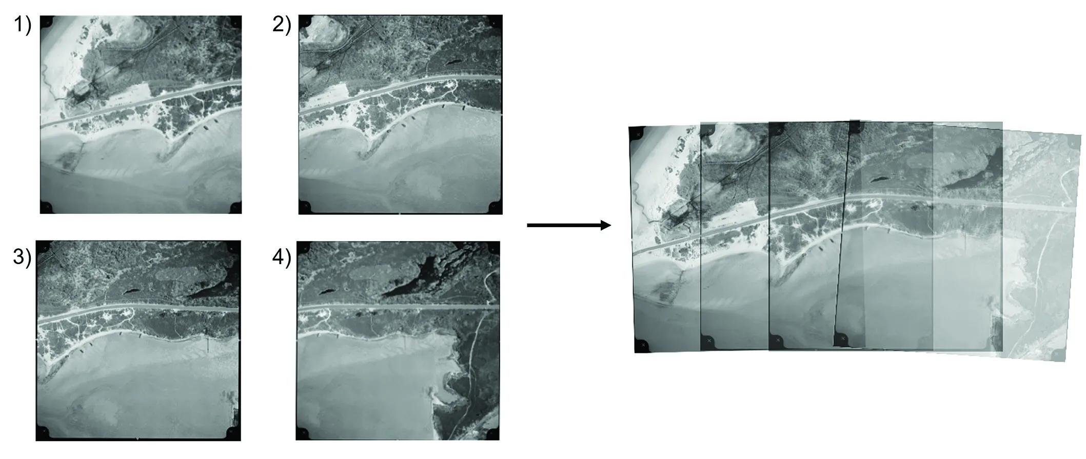 Image shows a mosaic image produced from photographs taken during a single flight. Each mosaic creates a single image of large swathes of land, providing remarkable high-resolution aerial views, dating back to the 1940s, of much of the world. Image: NCAP.