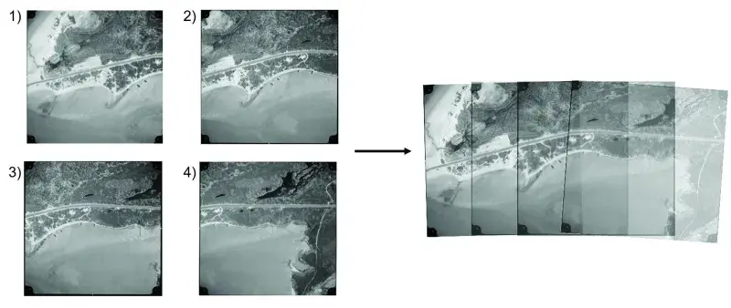 Image shows a mosaic image produced from photographs taken during a single flight. Each mosaic creates a single image of large swathes of land, providing remarkable high-resolution aerial views, dating back to the 1940s, of much of the world. Image: NCAP.